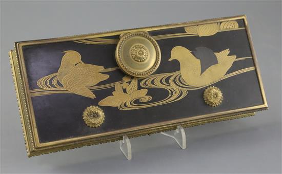 A 19th century French ormolu mounted Japanese lacquer ink stand, 9.25 x 4in.